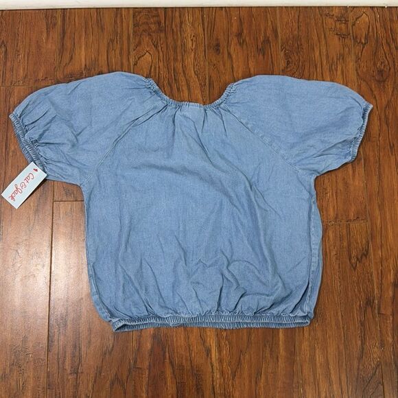 NWT Cat & Jack Size XL (14) Blue Short Sleeve Light Wash Chambray Woven Top - Picture 5 of 6